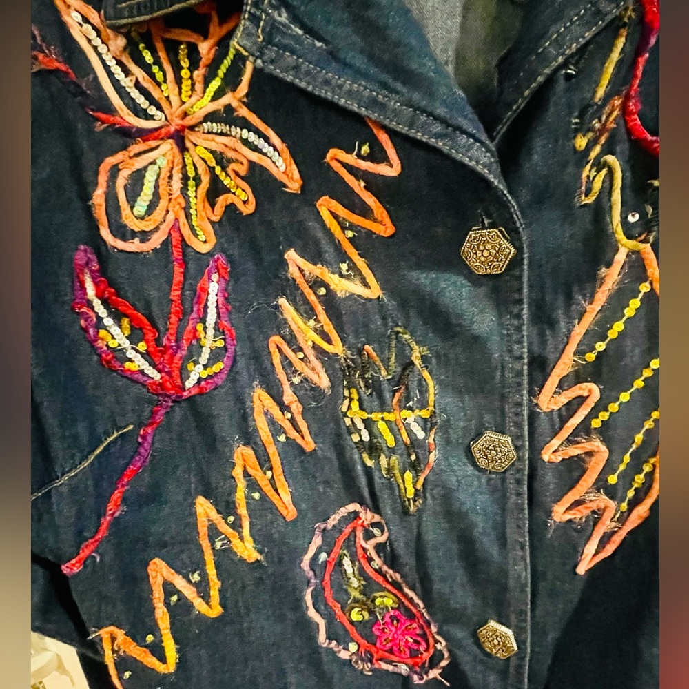 Embroidered Dark Blue Jean Jacket with Floral Accents - Picture 3 of 4